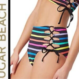 NWT Sugar Beach 2 Piece Bathing Suit Size L Black Multicolor Stripe Bandeau Top